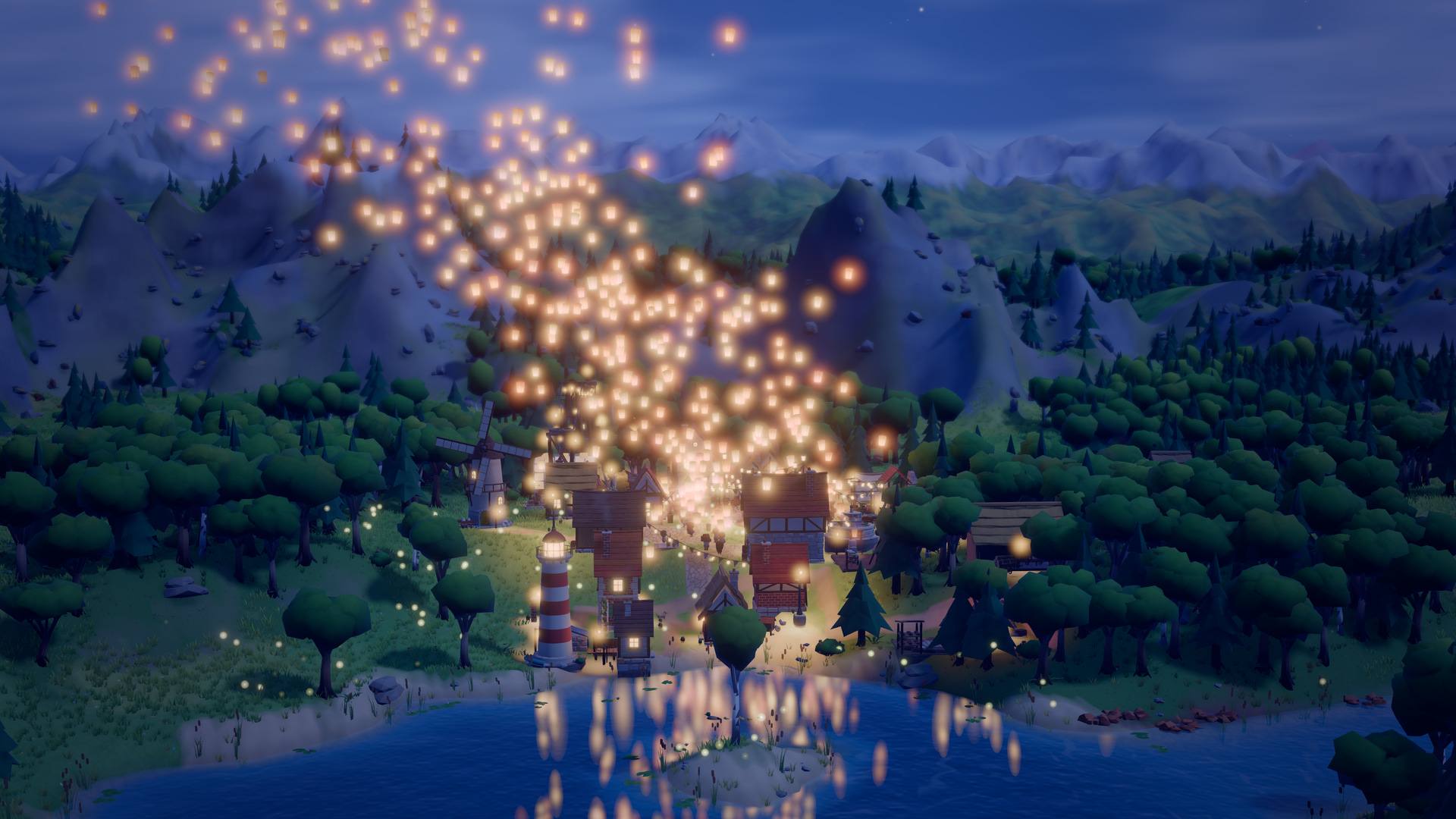 Hundreds of glowing sky lanterns rising from the town at night, drifting toward the mountains and reflected in the lake below.