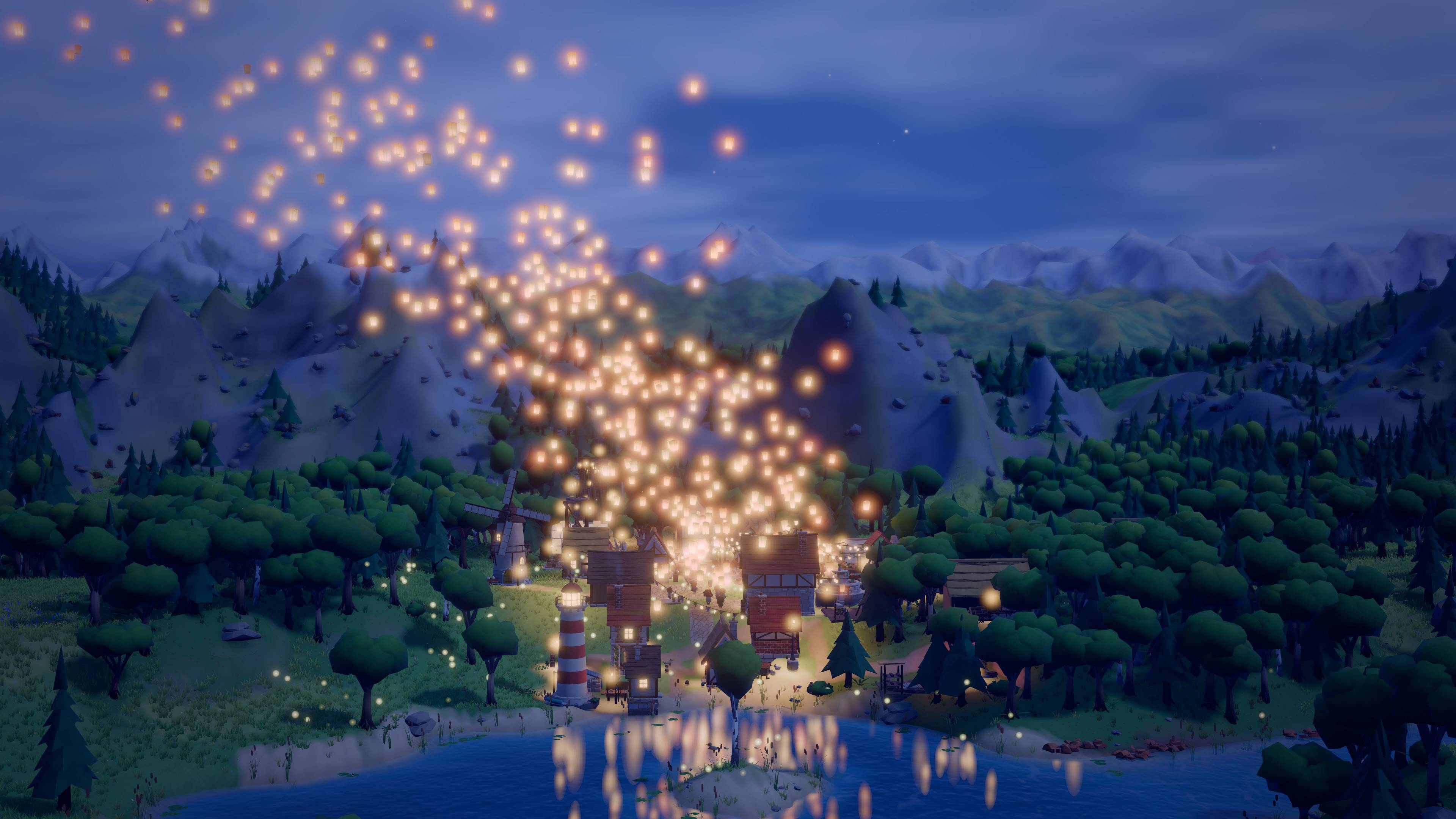 Lanternbrook at night during the Lantern Festival. Hundreds of sky lanterns rise over the town and drift toward the mountains, reflected in the lake.