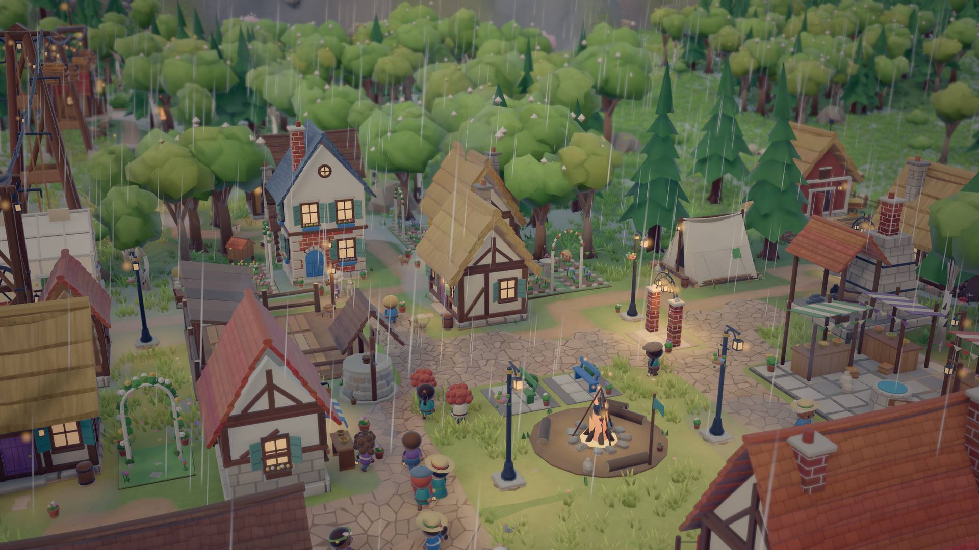 Rain falling on the town square in spring, with villagers gathered near a lamp post and a garden arch nearby.