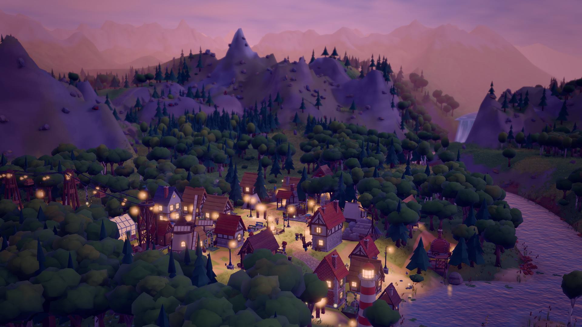 The town at dusk in a purple-lit valley, lamps glowing in the windows, with a river and a waterfall in the forest behind it.